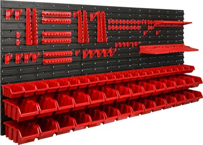 Produktbild von Lagersystem Werkstattregal | 172 x 78 cm | 50 stck. Box | Wandregal mit Werkzeughalterungen und Stapelboxen - Wandplatten Extra Starke Schüttenregal Warkzeuglochwand Lagerregal Garage Regal