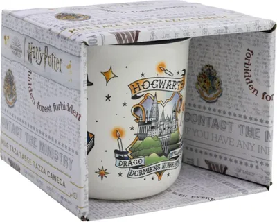 A Harry Potter themed mug is shown inside its packaging box.