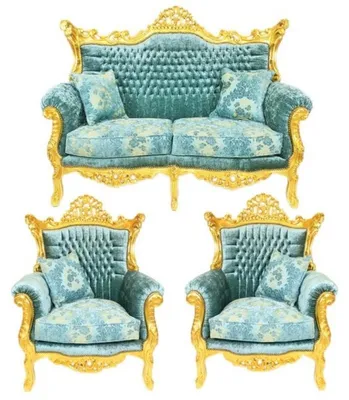 Produktbild von Casa Padrino Barock Wohnzimmer Set Master Türkis-Blau Muster Samtstoff / Gold - 2er Sofa + 2 Sessel