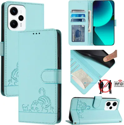 Produktbild von Leder Hülle für Xiaomi Poco X4 GT Süße Katze Flip Case Brieftasche Schutzhülle mit Standfunktion hellgrün