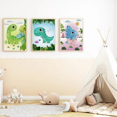 Produktbild von Dinosaurier Bilder 3er Set DIN A4 Kinderzimmer Dino Wandbilder Babyzimmer Poster Dekoration