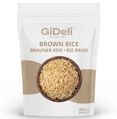 Image de Riz brun, 1 kg. Riz naturel, non poli, à grains entiers, riche en fibres et en protéines, produit végan. GiDeli