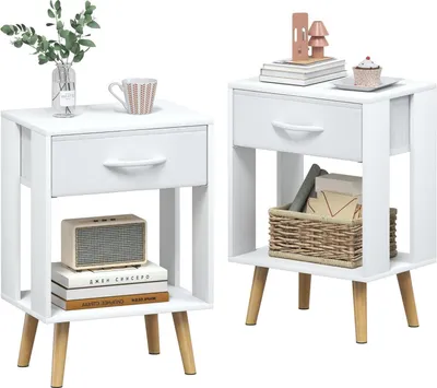 Produktbild von Nachttisch 2er Set Weiß mit Schublade 40x30x60.3cm für Schlafzimmer Kinderzimmer