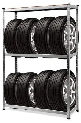 Produktbild von Reifenregal mit 3 Ebenen, belastbar bis 795 kg, höhenverstellbar, Felgenregal aus MDF und Stahl, Garagenregal für 8 Reifen, 120 x 40 x 180 cm, Silber