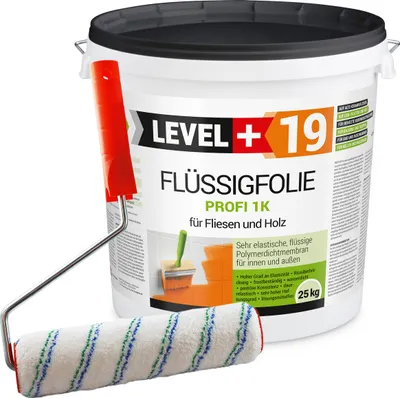 Produktbild von Flüssigfolie 25kg Profi Abdichtung Innen Außen Fliesen Holz+Farbroller 25cm RM19