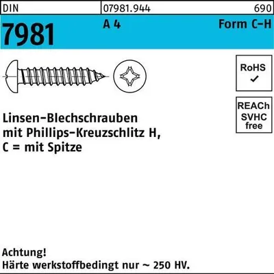 Produktbild von Reyher  Blechschrauben DIN 7981 A 4 4,2 x 22 -C-H A 4 (500 Stück)