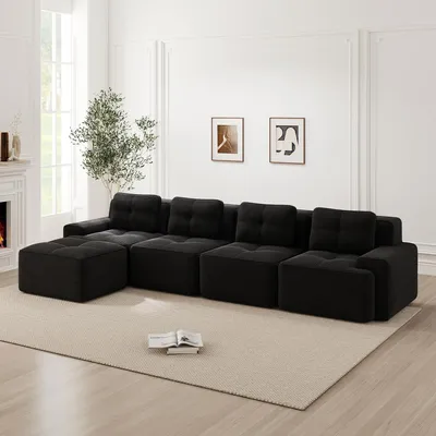 Image de Canapé Cloud en velours côtelé, forme en L, canapé modulable sans structure, 4 places, assise profonde, 382 x 177 x 69 cm, noir