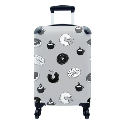Produktbild von MuchoWow® Koffer Handgepäck Trolley Rollkoffer Kleine Reisekoffer mit 4 Rollen - Donut - Muster - Kaffee - Schwarz und Weiß - Cabin Size < 55x40x23 cm & 55x40x20 cm - Fotokoffer - Kabinenkoffer - Boardgepäck - Reise-Box - Reisekoffer - Reisegepäck - Koffer mit Bild - Trolley für Kinder
