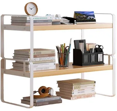 Image de Organisateur de bureau à deux niveaux en MDF avec supports métalliques, rangement compact de 40 x 20 x 36 cm, idéal pour optimiser l'espace au bureau, au bureau à domicile et dans les chambres d'enfants