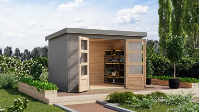 A modern garden shed with open doors, showcasing shelves with gardening tools and supplies inside, set in a lush garden with plants and planters.