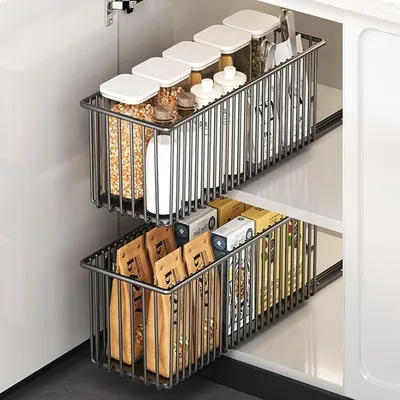 Produktbild von PolkaHome® 2er Set Ausziehbare Schublade Küchenorganizer, Teleskopschublade, Schubladeneinsatz (15,3 cm B x 41 cm T x 16 cm H), ohne