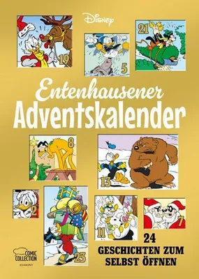 A collage of cartoon images depicting various Disney characters in festive and winter scenes, arranged around the title 'Entenhausener Adventskalender'.