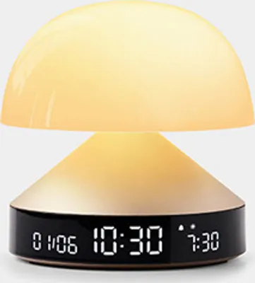 A mushroom-shaped lamp with a digital clock display.