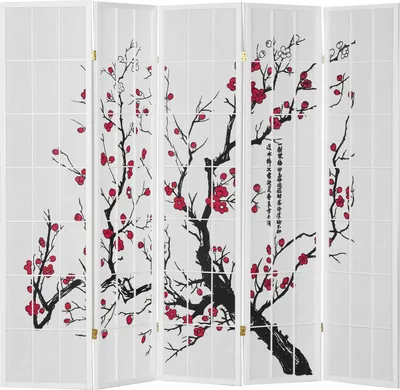 Image de Paravent Séparateur de pièce 5 parties, bois papier de riz blanc, motif cerise, hauteur 179 cm