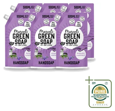Image de 6 flacons recharge de savon pour les mains "Marcel's Green Soap" - Lavande et romarin - 500 ml - Pack économique - 6 pièces