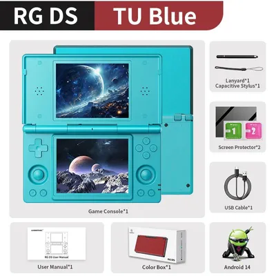 Immagine prodotto di RG DS: Console retro portatile, design a conchiglia, due schermi touchscreen IPS da 4 pollici, sistema operativo Android 14/Linux, batteria da 4000 mAh, Wi-Fi, 128 GB di memoria, colore argento