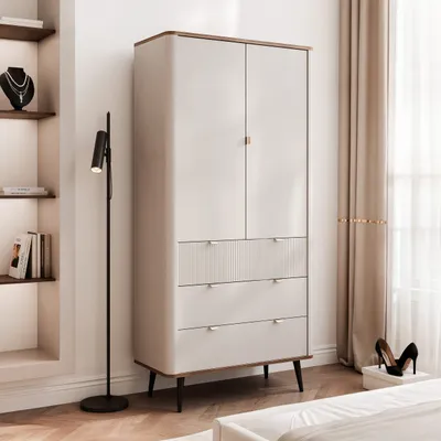 Produktbild von NAVANI Kleiderschrank 90 cm 2-türiger Schrank mit 3 Schubladen Garderobenschrank Kaschmir + Nussbaum Aufbewahrungsschrank Mehrzweckschrank Griffe