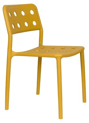 Gartenstuhl Serra in Ochre-Gelb aus Kunststoff mit durchbrochener Rückenlehne, Gesamtansicht von vorne.