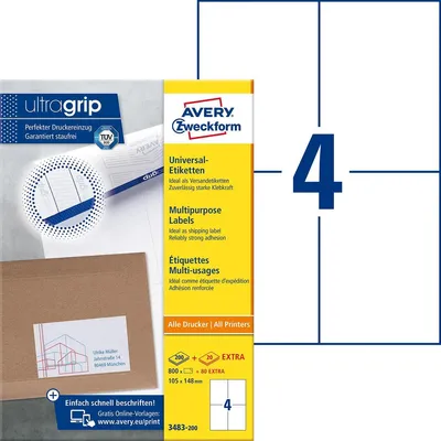 Immagine prodotto di Avery Zweckform Universal - Etichette di carta autoadesive permanenti - bianco - 105 x 148 mm - 800 etichette (200 fogli x 4) (3483-200)