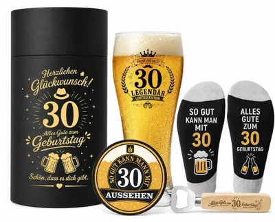 Produktbild von Bier-Geschenkset 30. Geburtstag für Männer mit Weizenbierglas, Untersetzer, Flaschenöffner