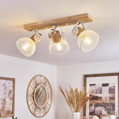 Produktbild von Cotes »Cotes« Deckenlampe aus Holz/Metall, Natur/Weiß Schirme, Gitter-Optik