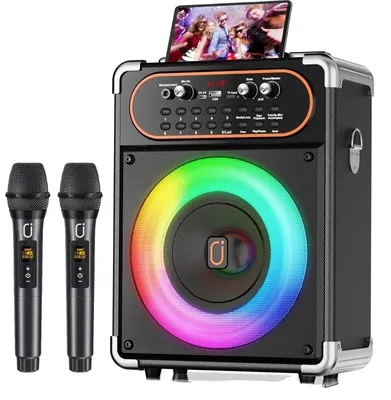 Produktbild von Karaoke-Maschine, 2 kabellose Mikrofone, Bluetooth 5.3, 4500mAh Akku, 10 x 5,5 x 13,3 Zoll, 360° Surround-Sound