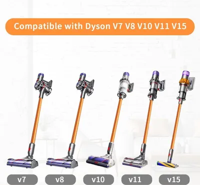 Five Dyson vacuum cleaner extensions are displayed side-by-side, each labeled with a model number.