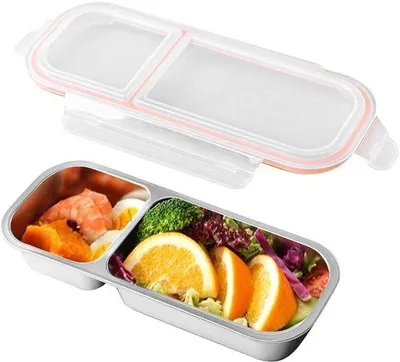 Produktbild von Unyqoos® Edelstahl-Snackbox, 2 Fächer – auslaufsicher mit 6 Schnappverschlüssen und Silikondichtung, lebensmittelechter 304 Edelstahl, spülmaschinenfest