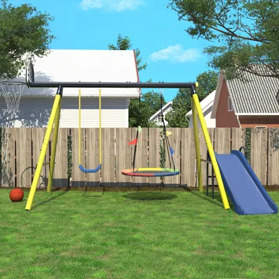Produktbild von Merax Spielturm mit Schaukel und Rutsche Garten, Doppelschaukel Kinderschaukel Metallahmen Schaukelgerüst mit Basketball und -Korb, 311x183x213cm