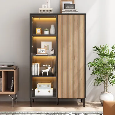 Produktbild von Merax Vitrinenschrank mit LED Licht, Modern Vintage Schrank mit Glastür, Standvitrine  mit 8 Fächer aus MDF, Push Open, Schwarz Holzoptik