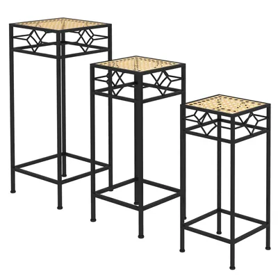 Produktbild von Outsunny 3-tlg. Pflanzenständer Stapelbarer Blumenhocker Blumentopfhalter mit Rattanoptik Pflanzenhocker für Garten Balkon Metall Gold