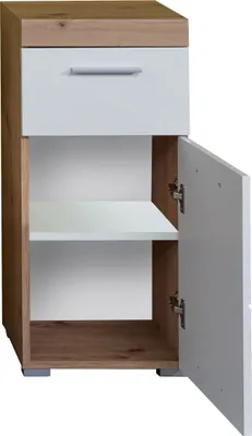 A product shot of a cabinet with one drawer and one door, showing its interior shelves.