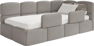 Produktbild von Selsey Cloudy – Kinderbett 120x200, Kopfteil rechts, Matratze & Bettkasten, Chenille Hellbraun