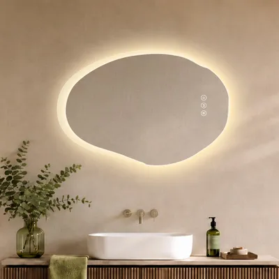 Image de S'AFIELINA Miroir Salle de Bain LED 48 × 72 cm, Asymétrique, Sans Cadre,3 couleurs d’éclairage, luminosité réglable, anti-buée et mémoire