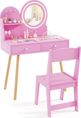 Produktbild von COSTWAY Kinder Schminktisch mit Beleuchtung, 2 in 1 Frisiertisch mit Spiegel, 2 Schubladen, Ablage & 3 Haken, Schminkkommode für Mädchen ab 3+, Rosa