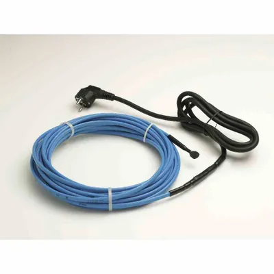 A coiled blue heating cable with a black power cord and plug on a white background.