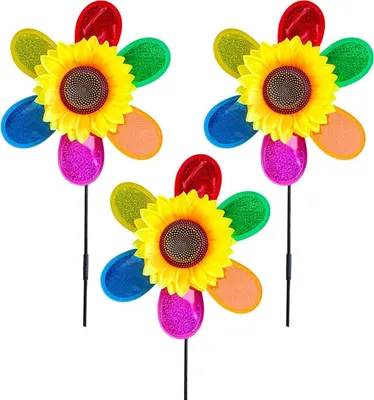 Produktbild von 3 Stück Windmühlen für Garten, Sonnenblumen-Windspiele, Bunte Pailletten-Windmühle, Outdoor-Blumen-Windräder, Gartendekoration für Garten, Hof, Rasen, Dekorationen, Vogelabschreckung