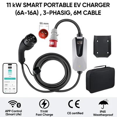Obrázek produktu pro Nabíječka pro elektromobily Junsun WIFI/APP, typ 2, 16A, 11kW, 6 metrů, mobilní nabíjecí stanice s háčkem a transportní taškou