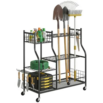 Produktbild von Dreistöckiges Gartengeräte-Aufbewahrungsregal aus Stahl – Gartengeräteablage – Rollregal – mit 11 Haken – 104 x 40 x 95 cm –Schwarz