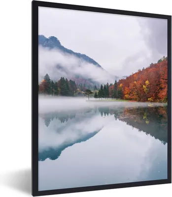 Produktbild von MuchoWow® Gerahmtes Poster Herbst - Nebel - Wasser - Landschaft 60x80 cm - Poster mit Schwarzem Bilderrahmen Wandposter Rahmen Foto Bilder - Premium - Wanddeko Wohnzimmer