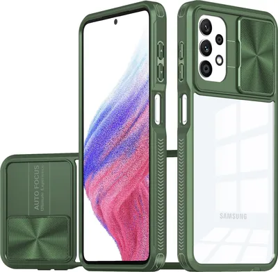 A green phone case with a sliding camera cover is shown from multiple angles, with a phone inside one of the cases.