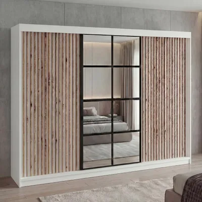 A wardrobe with wooden paneling and mirrored doors.