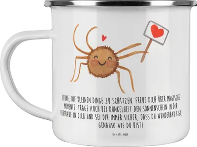 Produktbild von Mr. & Mrs. Panda Teetasse Spinne Agathe Motivation - Weiß - Geschenk, Glück, Pott, Liebe, Emaille Tasse, emaillebecher, Haferl, Dankeschön, Teebecher, Vertrauen