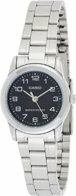 A close-up studio shot of a silver Casio watch with a black face.