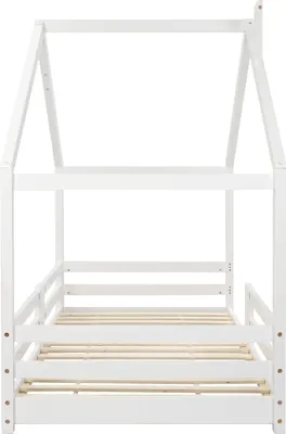 A white wooden house bed frame with a slatted base, shown from the front.