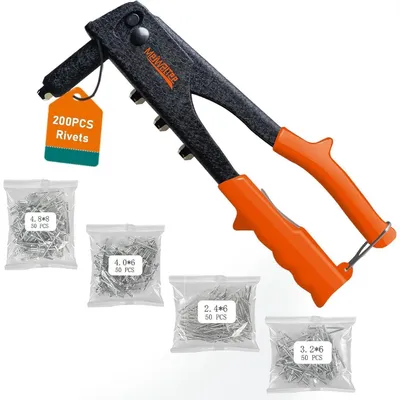 Zdjęcie produktu dla Zestaw zacisków do nitów ślepych 4-w-1, zawierający 200 nitów w 4 rozmiarach (2,4-4,8 mm) do prac metalowych i majsterkowania