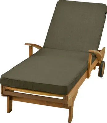 A wooden chaise lounge with a gray cushion, shown from a side angle against a white background.