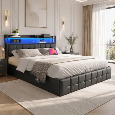 Imagen del producto de INONEFT, cama tapizada de 160x200 cm, cama doble con espacio de almacenamiento hidráulico, cama juvenil con iluminación LED y puertos USB, color negro (PU), sin colchón