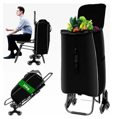 Produktbild von Einkaufstrolley mit Treppensteigern, klappbarer Einkaufswagen mit 3 Rädern, wasserdicht, 40L Schwarz (Oxford)