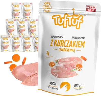 Obrázok produktu pre Tuftuf | Krmivo pre psov – 10 x 500 g – Mokré krmivo s kuracím mäsom – mrkva – s vysokým obsahom energie